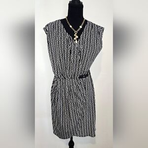 Michael Kors Black White Geometric Print Dress Petite V-Neck Career Capsule